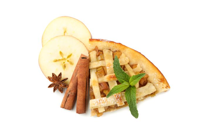 Piece of tasty apple pie isolated on plain background. Homemade food
