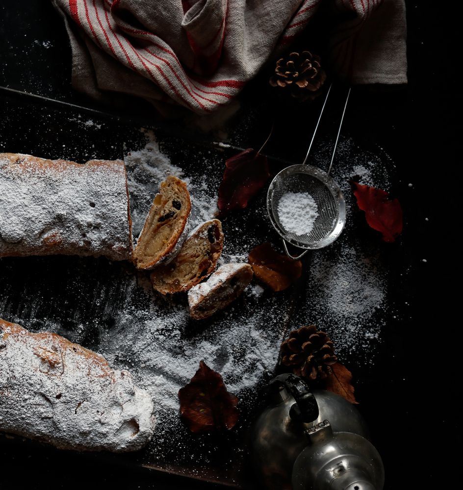 Cut Stollen with powdered sugar