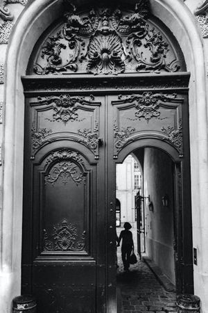 Grayscale photo of an open dark gate in Lumiere, Paris, France