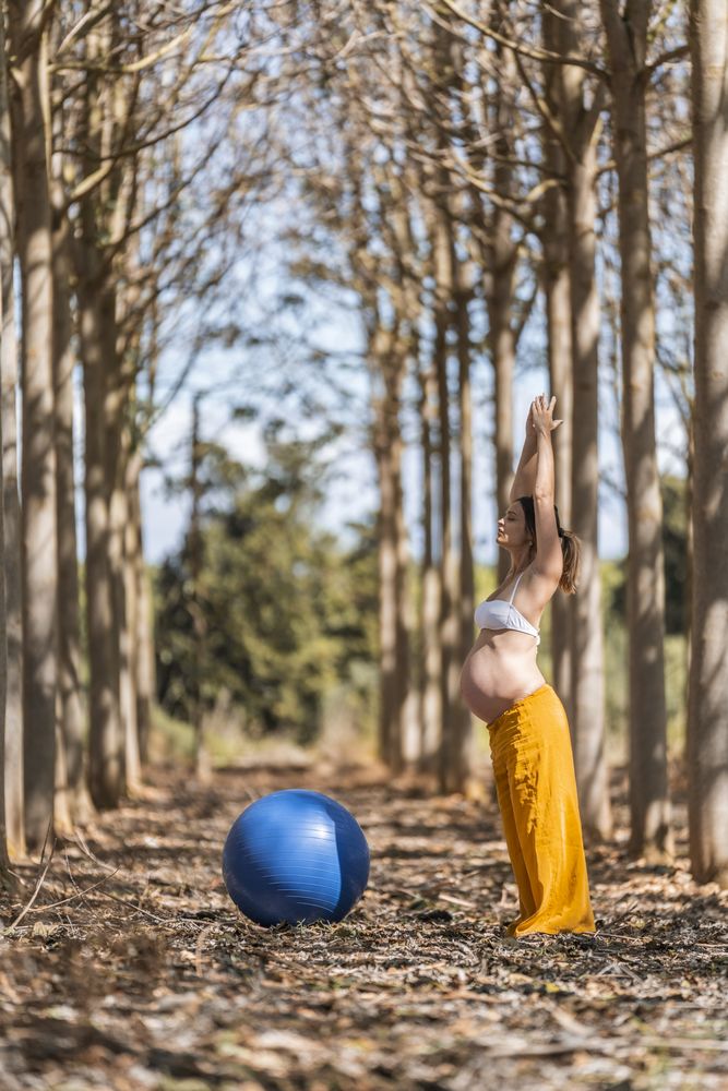 Adult pregnant woman training with pilates ball in park during sunny day