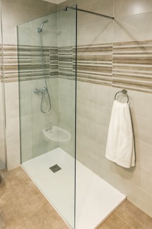 Shower with glass screen in a bathroom
