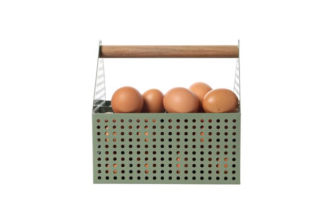 eggs in a square basket, isolated on blank background.