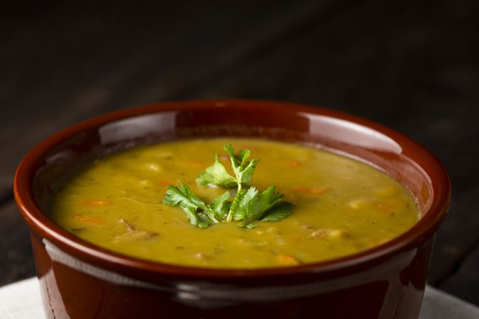 Pea soup. Bowl with pea soup on the table