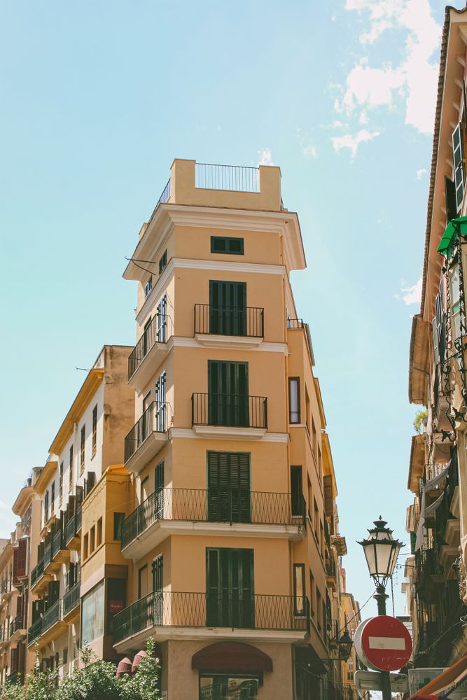Old building in classic European style in Spain. Street life in Palma de Mallorca, Spain