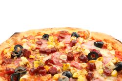 Tasty pizza with chicken meat isolated on neutral background