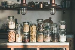 Rustic kitchen food storage arrangement, on counter