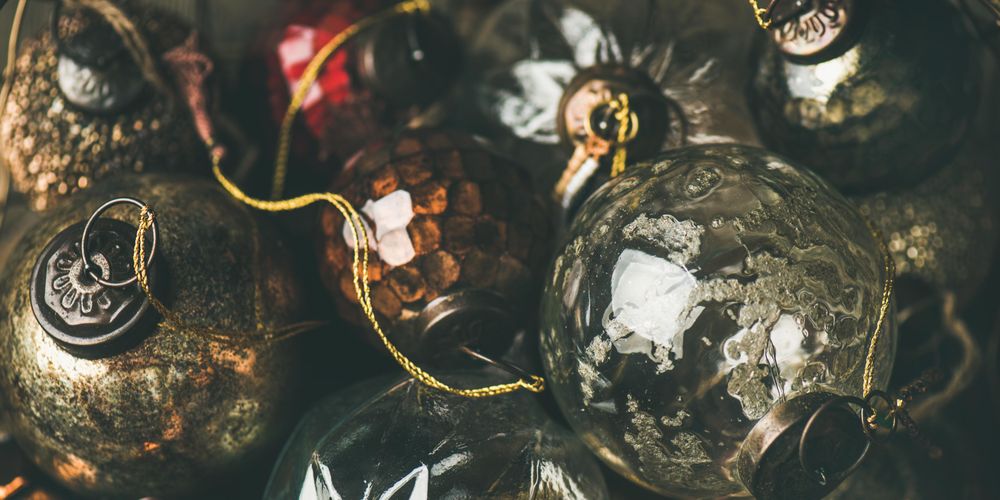 Christmas tree decorations in close up, wide composition