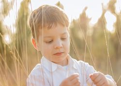 Kid in field playing with spikes at summer sunset