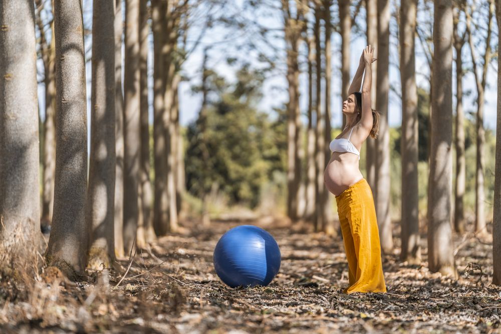Adult pregnant woman training with pilates ball in park during sunny day