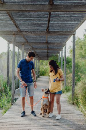 Happy adult couple playing with dog at countryside