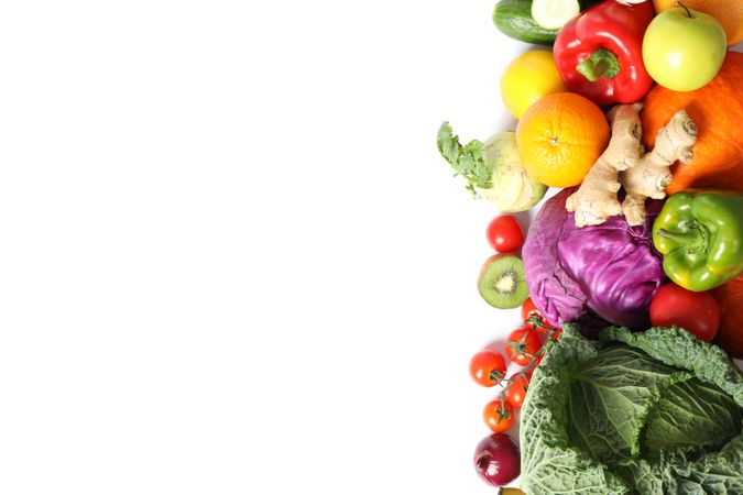Composition with fresh vegetables and fruits isolated on blank background