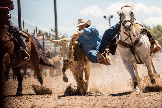 Man between bull and horse at rodeo in Cheyenne, Wyoming