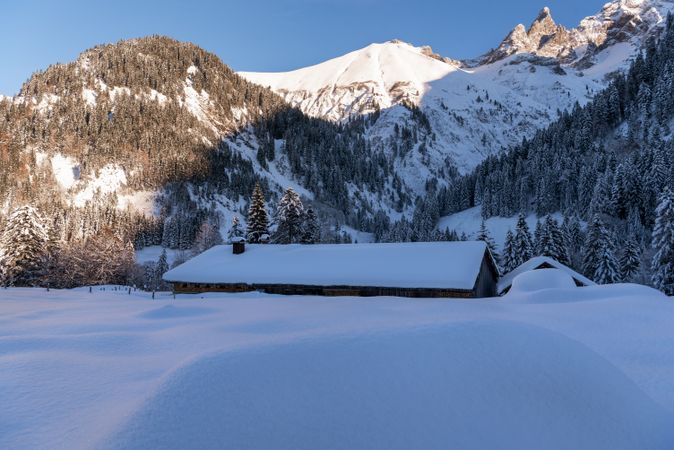 Deep snow landscape in December in the Bavarian Alps, Germany