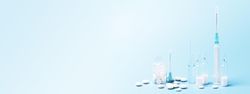 Banner of pills and medical needles on baby blue background