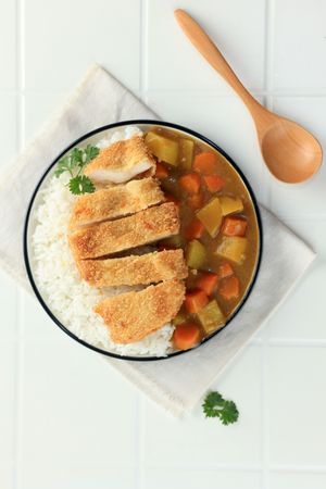 Top View Chicken Cutlet Curry with Rice Japanese Food Style