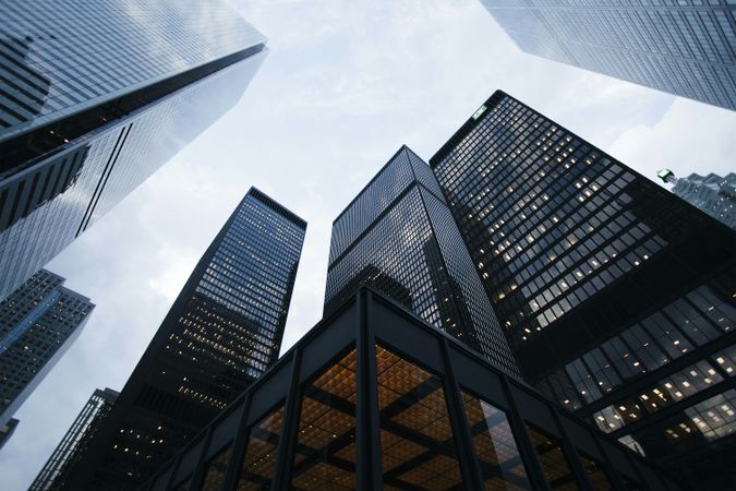 Low Angle View of Modern Glass Skyscrapers