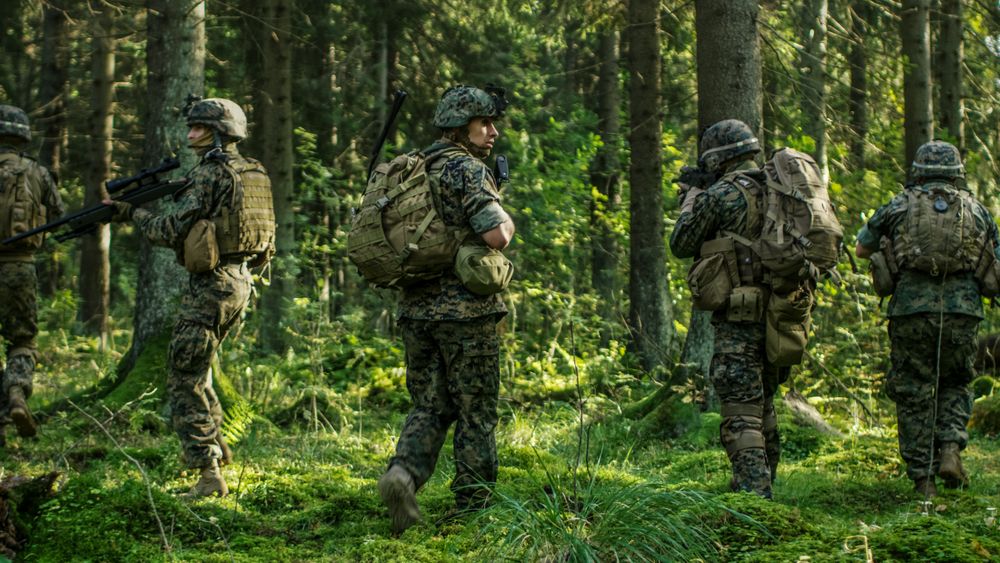 Squad of Five Fully Equipped Soldiers in Camouflage on a Reconnaissance Military Mission