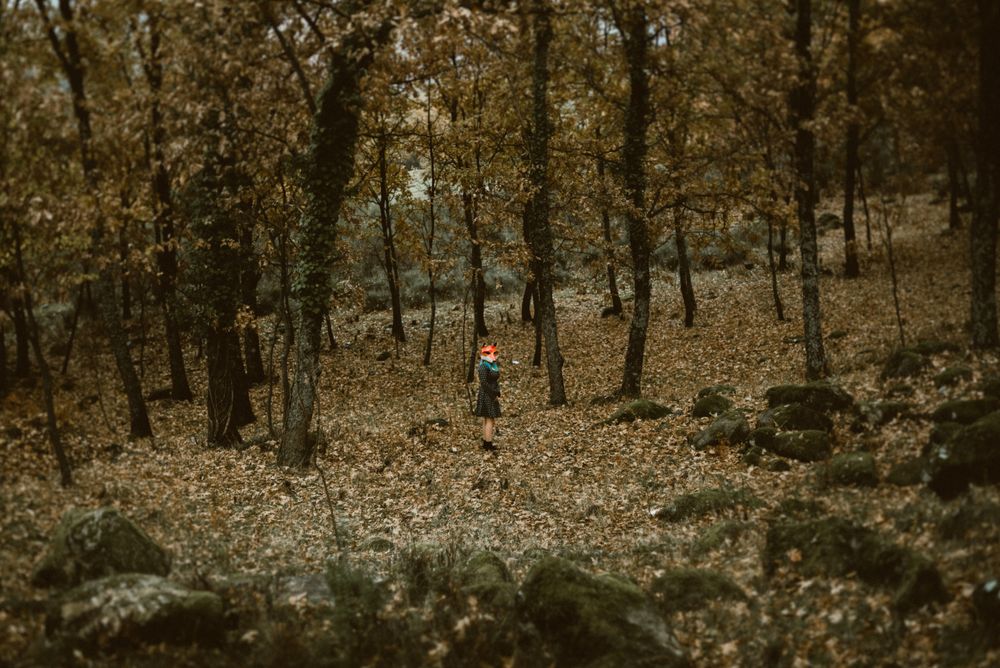 Woman in red fox mask walking in forest
