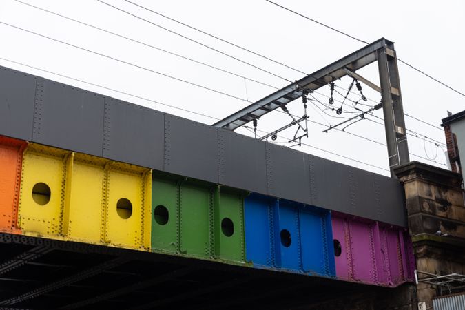 Rainbow train tracks in British town