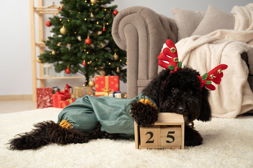 Concept of Merry Christmas, funny Christmas dog