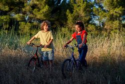 Happy children walking with bicycles on rural road