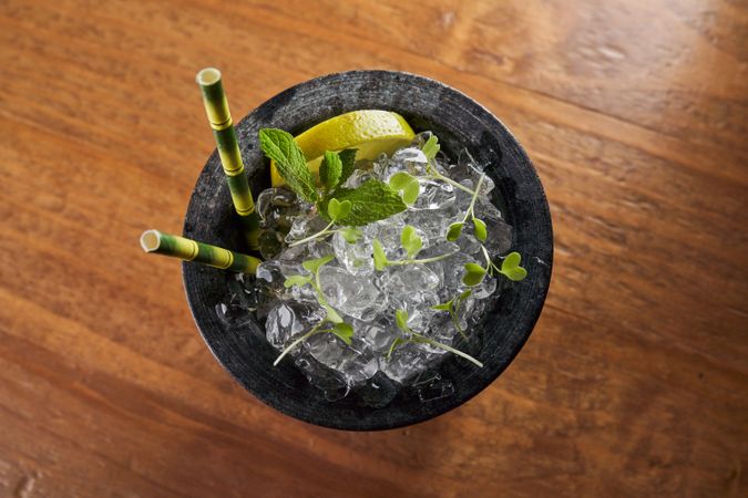 Refreshing drink with green leaves