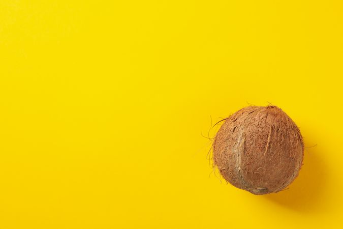 Whole coconut on yellow background, top view