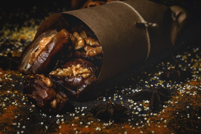 Dates fruits with walnuts, mint and cinnamon for Ramadan