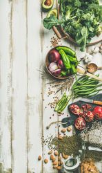 Top view of vegetarian, vegan food cooking ingredients