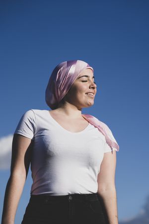Young woman with cancer wrap
