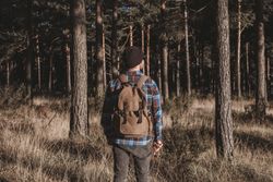 Confident tourist walking along autumn forest