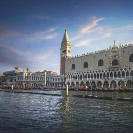Venice landmark at dawn, Piazza San Marco with Campanile and Doge Palace, Italy
