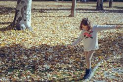 Happy child in field of colorful fall leaves