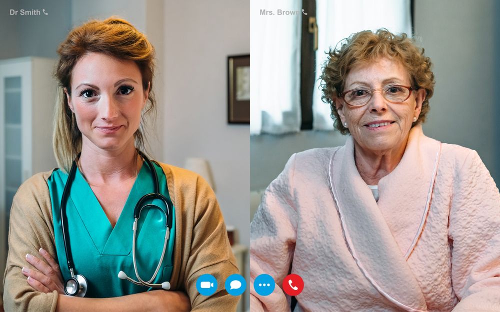 Video call screen with older woman and female doctor