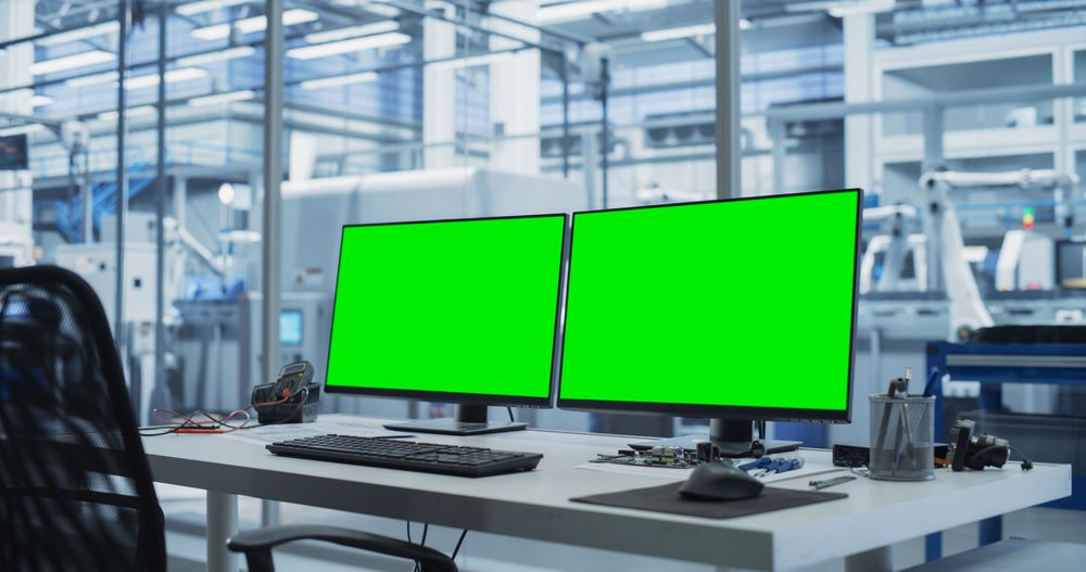 Modern Industrial Manufacture with Desktop Computers with Green Screen Mock Up Display. Scientific Lab, Engineering Research Center with High-Tech Equipment, Technology for Robot Development