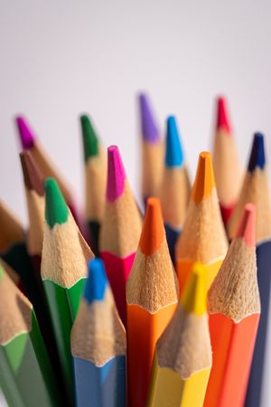 A bunch of colored pencils are lined up in a row