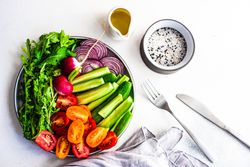 Top view of healthy chopped vegetables with copy space