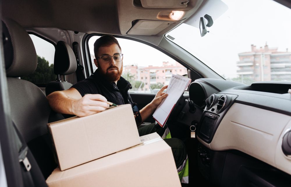 Courier preparing cartons for express delivery
