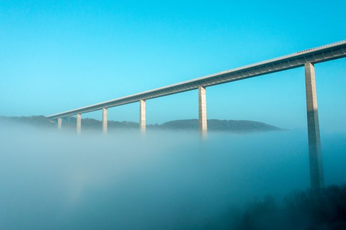 Bridge carrying highway A6 over a foggy valley in Braunsbach, Germany