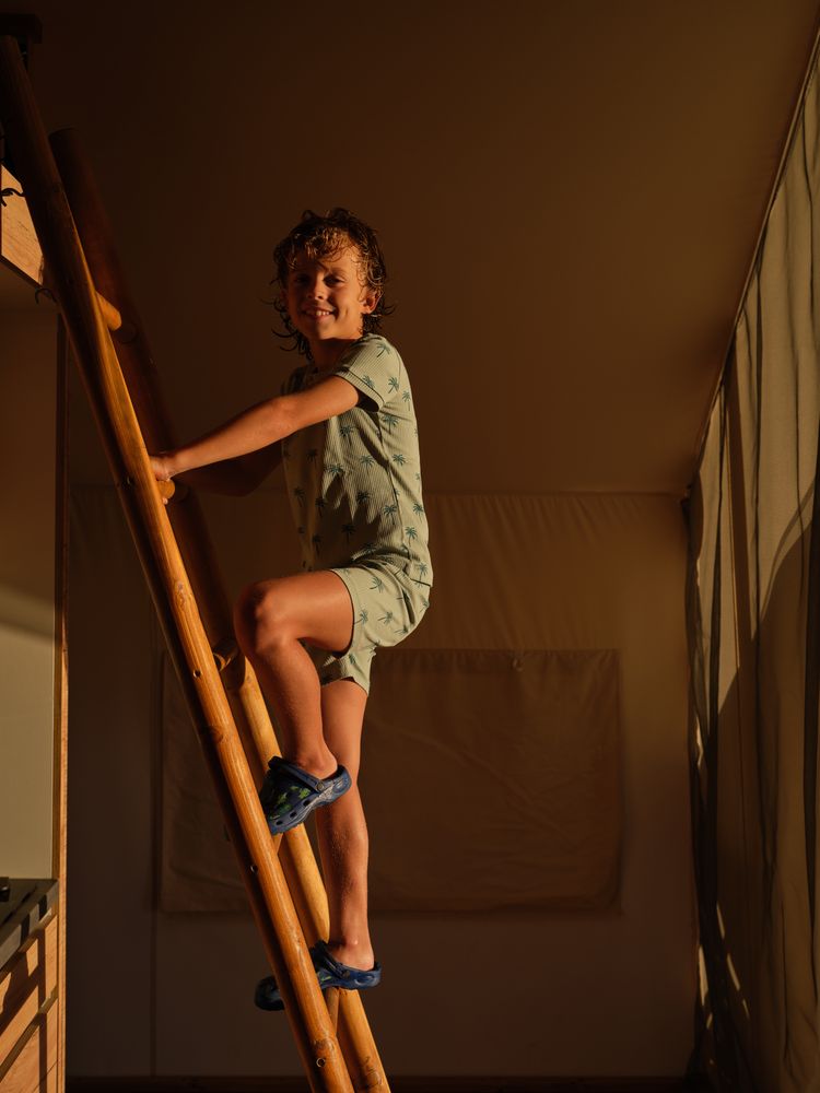 Smiling boy climbing wooden ladder