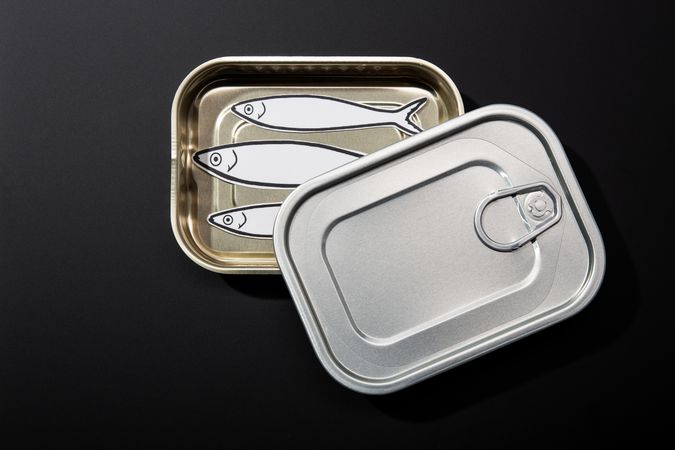 Example of open tin can with drawings of fish inside