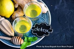 Detox drink with organic lemon, ginger and mint with copy space 0Woxj0