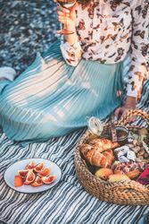 Woman holding wine glass over plate of sliced oranges at outdoor picnic