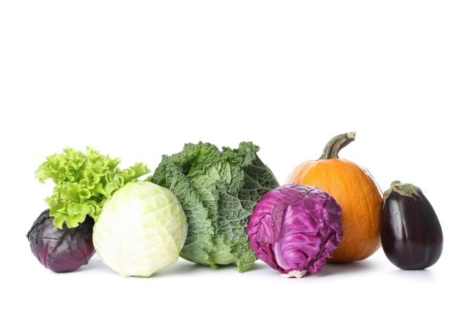 Cabbage, salad, pumpkin and eggplant isolated on plain background