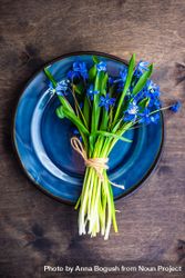 Top view of Easter table setting with lush scilla flowers bE99q6