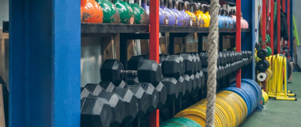 Shelves with sports equipment indoor
