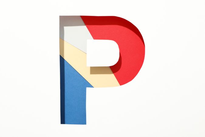Multicolor letter P on blank background, space for text