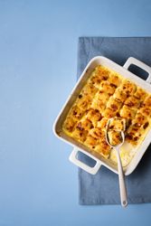 Cheese gnocchi in ceramic oven tray