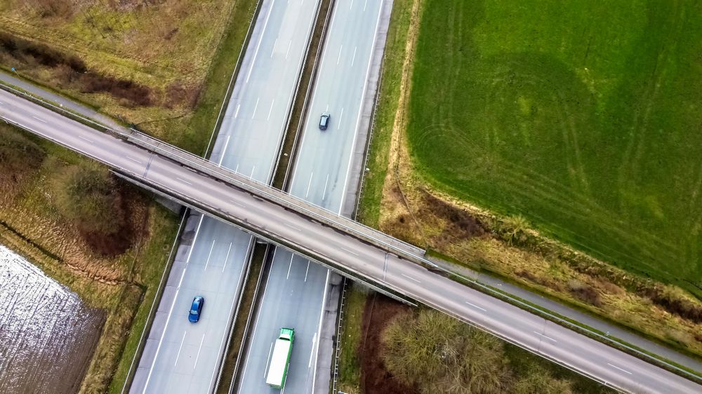 View from above on the German motorway A7 with little traffic.