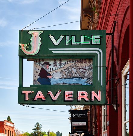 Neon sign with inlay on the J-Ville Hotel in Jacksonville, Oregon